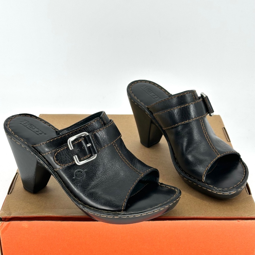 Born Black Leather Buckle Slip On Peep Toe Mule Block Heel Shoe Comfy Boho Y2K 8